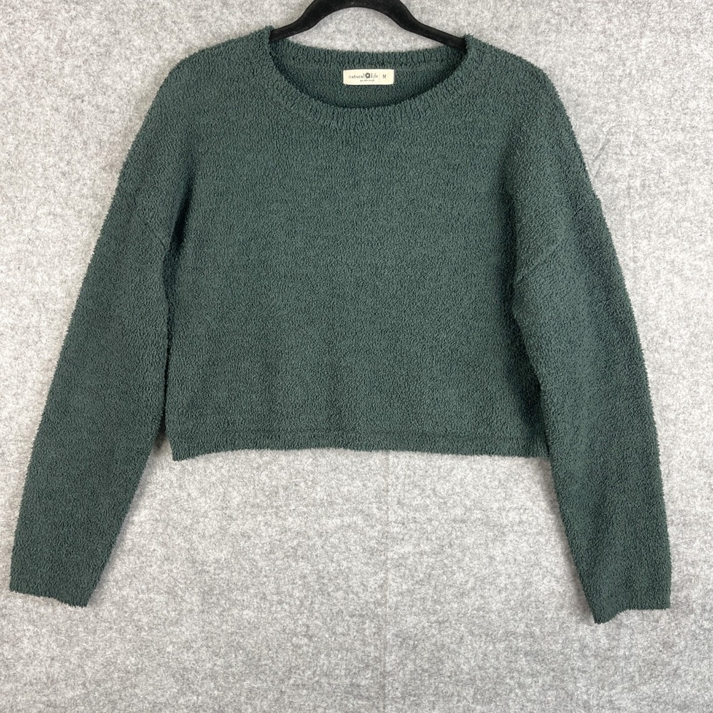 Natural Life Fuzzy Teddy Sweatshirt Womens Medium Green Cropped Lounge Boho
